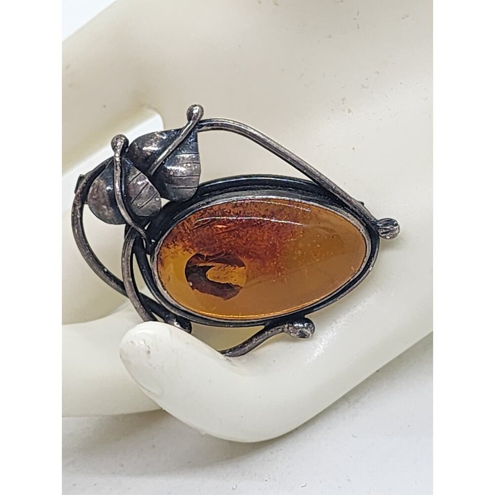 Vintage Amber Sterling Silver Leaf Brooch Pin Oval Cabochon Art Nouveau Style